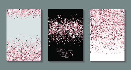 2023 Happy New Year best wishes greeting cards vector collection. Holiday postcards set, banners graphic design. Greeting cheers to New 2023 Year cards vector templates. Chich pink rose gold confetti.