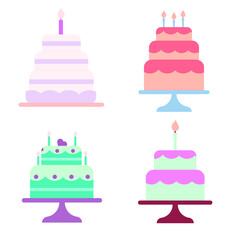Set of flat style birthday cakes with candles. Vector illustration