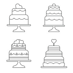 Set of festive wedding cakes in a linear style. Vector illustration