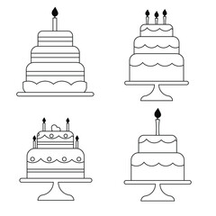 Set of flat birthday cakes with line style candles. Vector illustration