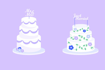 Set of festive wedding cakes with the inscriptions Just Married, Mr & Mrs. Mrs. Vector Illustration