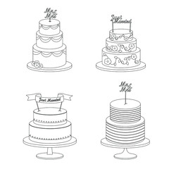 Set of festive wedding cakes with inscriptions Just Married, Mr & Mrs in line style.