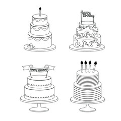 Set of birthday cakes with inscriptions in line style. Vector illustration