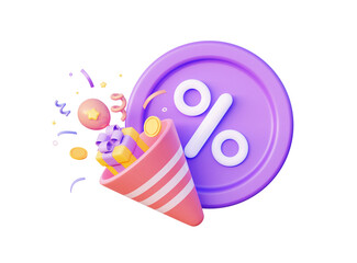 Icon Party popper with confetti and gift boxes. With a round purple icon in the form of a percentage. Isolated on a white background. 3d rendering