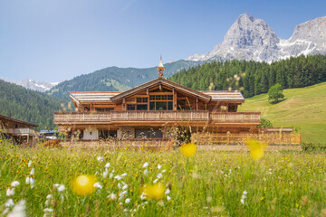 Wooden chalet in the alps on a summer day