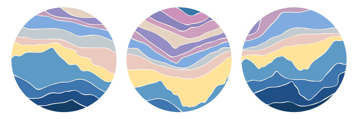 Set of abstract graphic circle elements. Stylization of the mountain landscape.