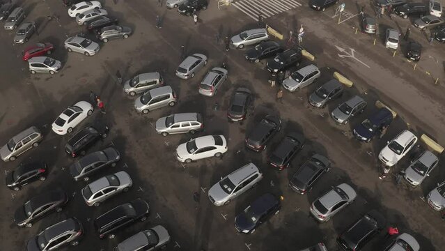 Ukraine, Kyiv - 14 of May 2021. Drone air shot of used cars market