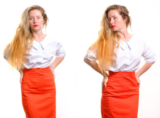 business woman with long hair in a white blouse and an orange skirt over her head on a white background