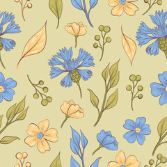 Seamless floral pattern with yellow and blue flowers