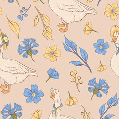 Seamless rustic pattern with geese and yellow-blue flowers