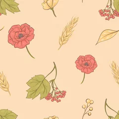 Meubelstickers Seamless rustic pattern with poppies, viburnum and ears  © Hmarka