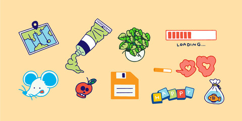 Hand-drawn sticker pack, isolated vector patches, pins, stamps with funny cute characters, and trendy illustrations. Colorful planning decoration for prints and social media post.
