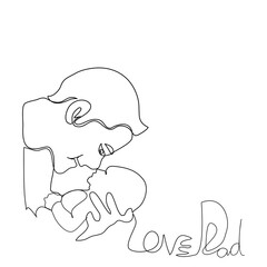 Happy father and son playing together.Young Dad holding his baby in his arms.Smiling daddy hug child with love dad text drawing.Vector isolate flat continue line design concept of Happy Father's Day.