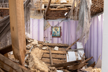 Destroyed church due to Russian shelling in Ukraine