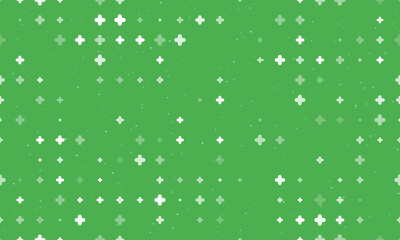 Seamless background pattern of evenly spaced white quatrefoil symbols of different sizes and opacity. Vector illustration on green background with stars