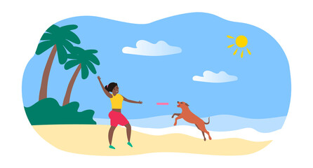 african american woman training dog catch flying disk on the beach vector illustration