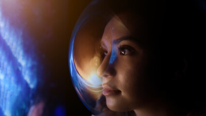 Concept: space expedition. Portrait Female astronaut in space on planet orbit