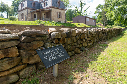 Fredericksburg, Virginia: Superintendent's Lodge at Fredericksburg and Spotsylvania National Military Park. Fredericksburg National Cemetery, Sunken Road, and reconstructed stone wall. 
