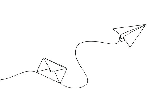 Continuous line drawing of paper airplane with envelope. New message concept. Letter sent by email. Online social media marketing. Single line art of paper airplane with envelope in doodle style.