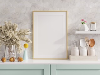 Mock up poster frame in kitchen interior and accessories with hexagon marble wall.