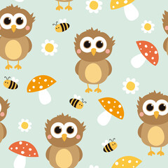 Seamless pattern with cute owl, mushroom, bee and daisy. Childish texture. Vector illustration.