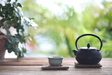 Metal tea pot and tea cup and plant pot on wooden table