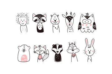 Set of cute cartoon animals in minimalistic style.