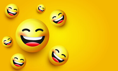 High quality emoticon on yellow gradient background. Laughing emoji banner. Yellow face emoji vector illustration. Popular chat elements. Trending emoticon.