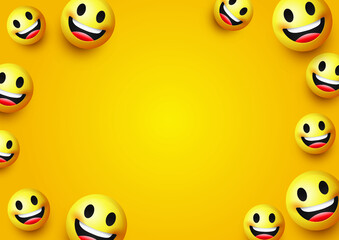 High quality emoticon on yellow gradient background. Smiling emoji banner. Yellow face emoji vector illustration. Popular chat elements. Trending emoticon.