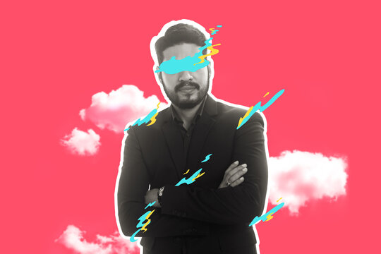 Contemporary collage art portrait of middle age adult caucasian business man