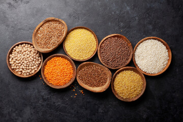 Gluten free cereals. Rice, buckwheat, corn groats, quinoa and millet