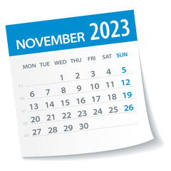 November 2023 Calendar Leaf. Week Starts on Monday. Vector Illustration