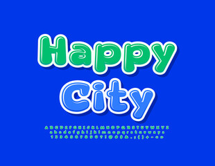 Vector modern logo Happy City. Cute green Font. Glossy set of Alphabet Letters and Numbers