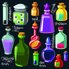 The outline of a set of glass containers with poisons and potions. Black and white poisons in glass jars set for Halloween. Collection of colored glass bottles, liquid containers