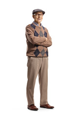 Full length portrait of an elderly man with glasses and hat posing with crossed arms - obrazy, fototapety, plakaty