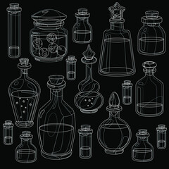 The outline of a set of glass containers with poisons and potions. Black and white poisons in glass jars set for Halloween. Collection of black and white sketches of glass bottles, liquid containers