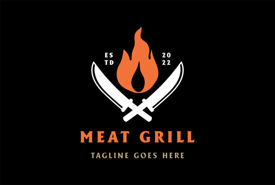 Vintage Crossed Knife with Flame for BBQ Grill Steak Meat Logo Design Vector