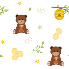 Seamless pattern with bear and honey. Vector flat cartoon illustration