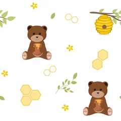 Fototapete Affe Seamless pattern with bear and honey. Vector flat cartoon illustration