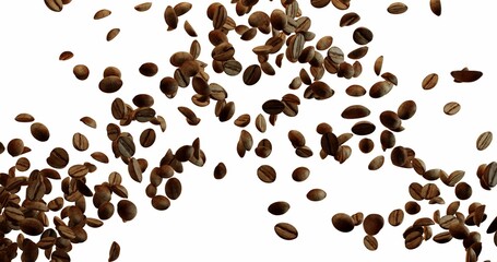 Coffee Beans explosion flying in the air, coffee splash Over White Background