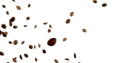 Coffee Beans explosion flying in the air, coffee splash Over White Background