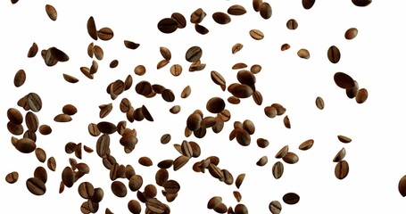 Coffee Beans explosion flying in the air, coffee splash Over White Background