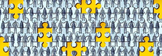 Missing employees and worker shortage or labour shortages as as employers are looking for needed workers and workforce job vacancies concept on a puzzle background - obrazy, fototapety, plakaty