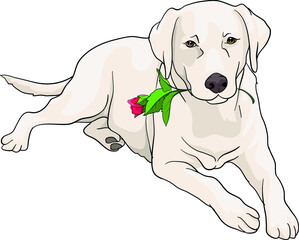 Creamy dog lying waiting, with a rose in its mouth, vector illustration cartoon dog, labrador, tosa inu, golden retriever, valentines day 