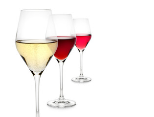 Three glasses of wine with perspective view and white background for text space.
