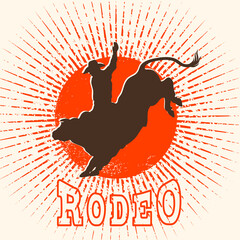 Rodeo bull vector label. Cowboy riding a wild bull in symbol flat style illustration and rodeo text