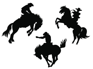 Cowboy rodeo set wild horses. Vector rodeo silhouette of cowboy riding wild horses isolated on white for design - 516609181