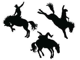 Cowboy rodeo set wild horses. Vector rodeo silhouette of cowboy riding wild horses isolated on white for design - 516609192