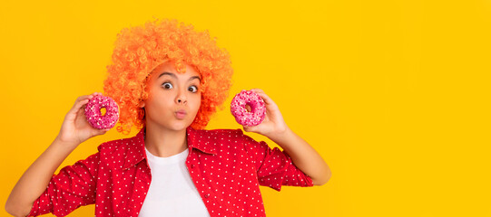 fancy kid with glazed doughnut calories. food and dessert. donut bakery. teen girl having fun.