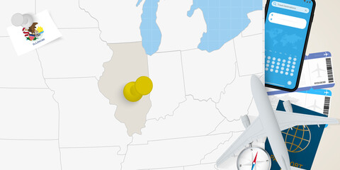 Travel to Illinois concept, map with pin on map of Illinois. Vacation preparation map, flag, passport and tickets.